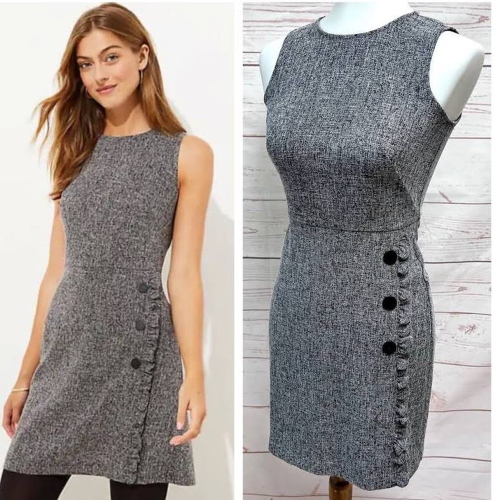 LOFT - Heather Grey Tweed Sheath Dress with Ruffle